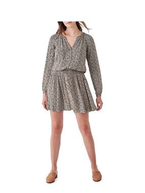 Faherty Montara Dress Black Ivory Leaf Batik Long Sleeve XXS NWT